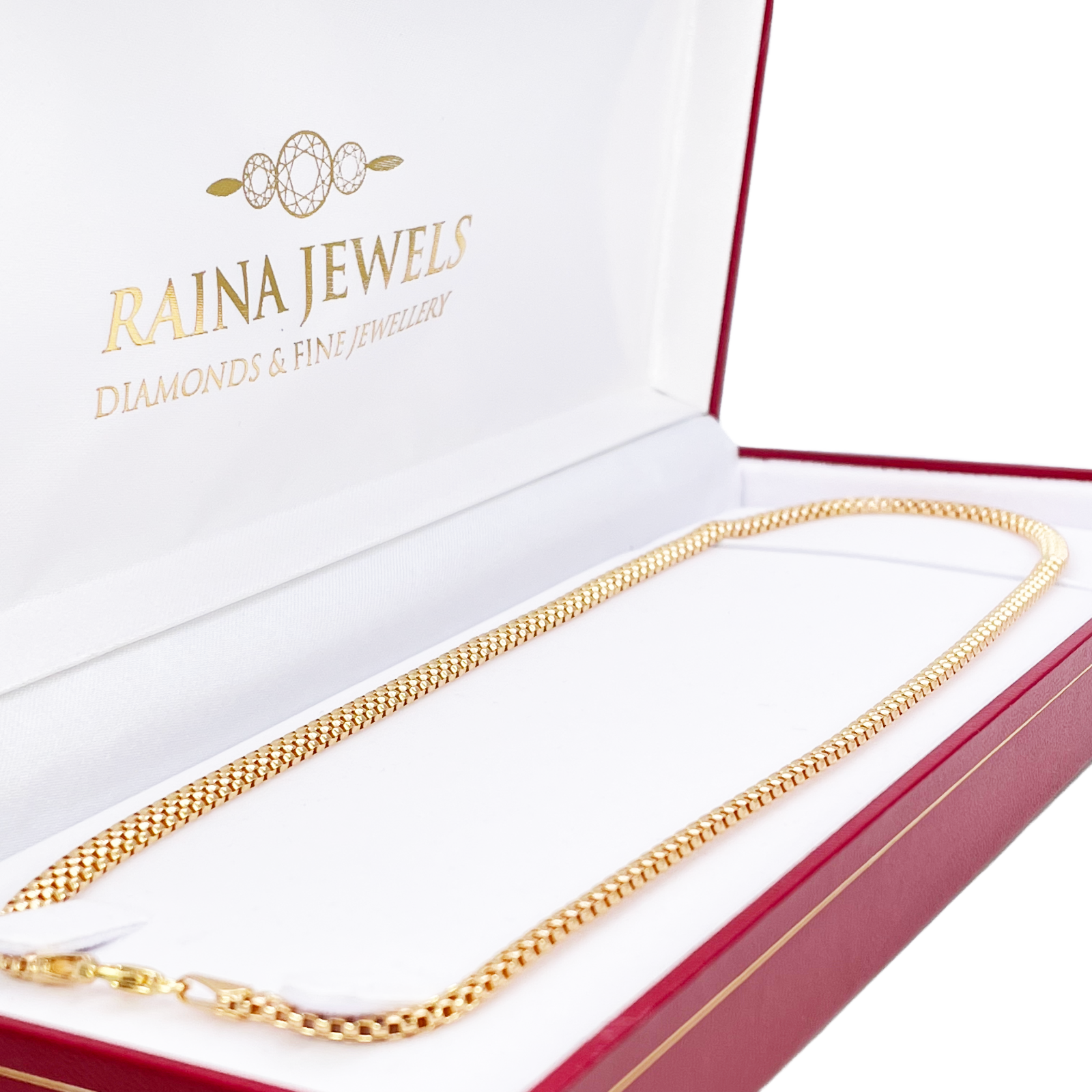 22ct Gold Square Mesh Chain High Polished Flat Necklace 18.5 Inches 4mm Width 