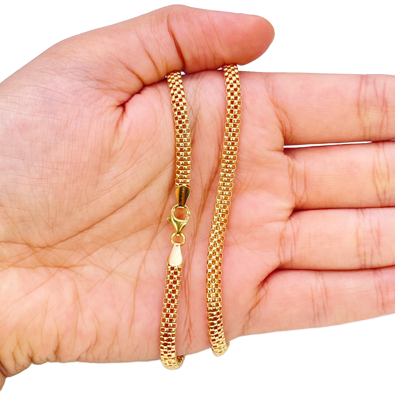 22ct Gold Square Mesh Chain High Polished Flat Necklace 18.5 Inches 4mm Width 