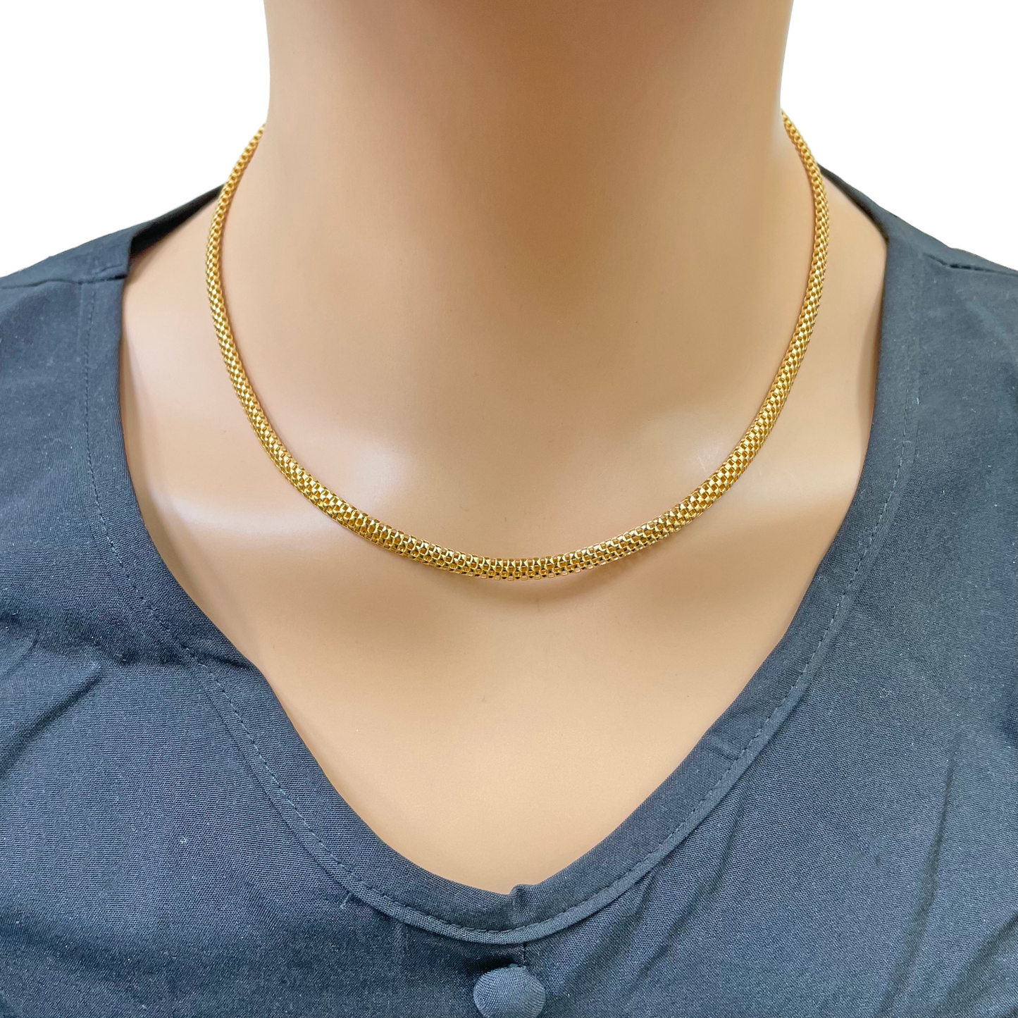 22ct Gold Square Mesh Chain High Polished Flat Necklace 18.5 Inches 4mm Width 