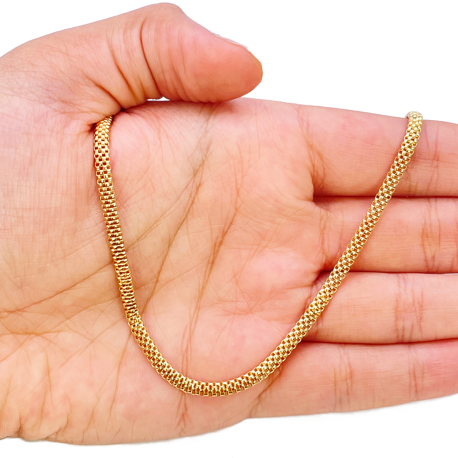 22ct Gold Square Mesh Chain High Polished Flat Necklace 18.5 Inches 3mm Width 