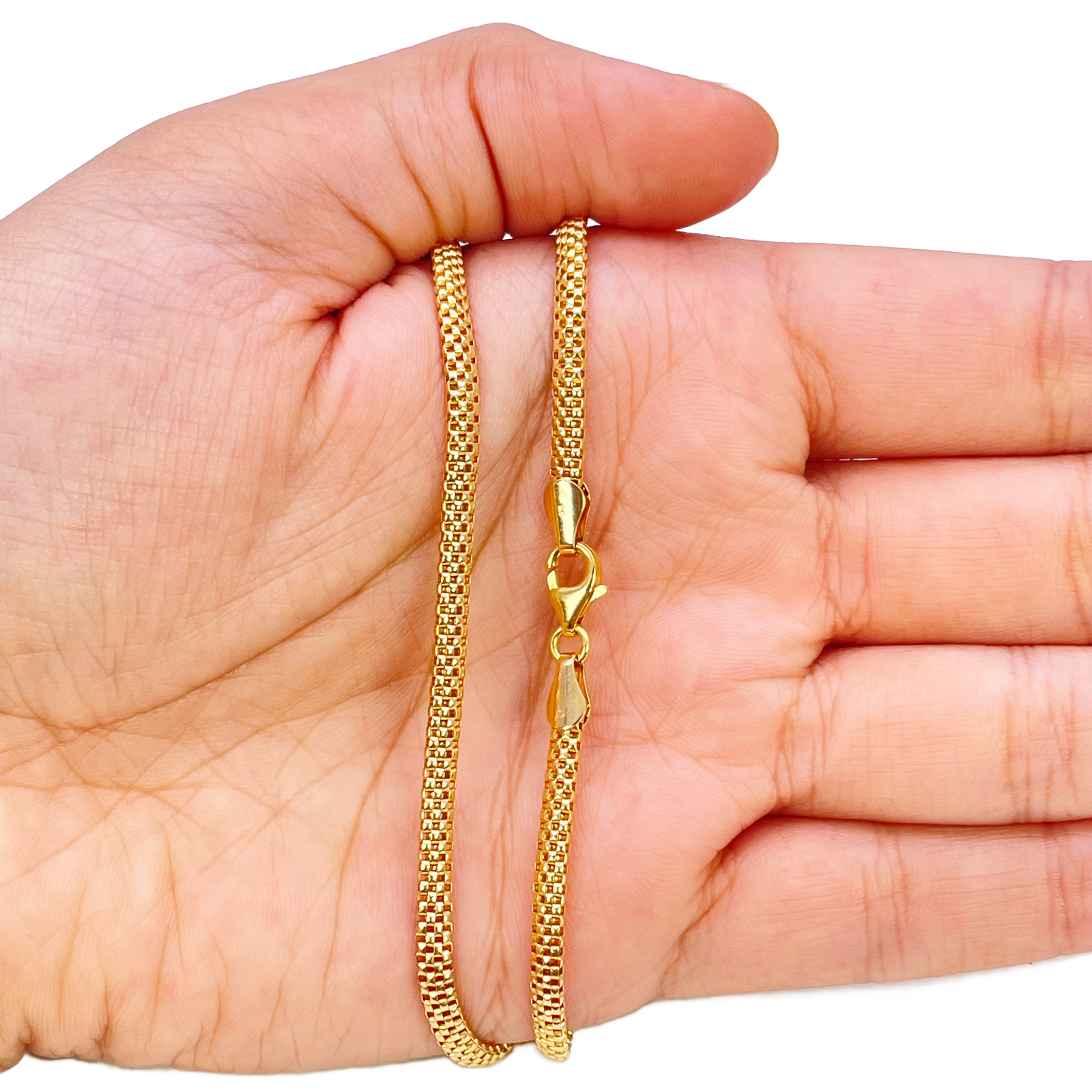 22ct Gold Square Mesh Chain High Polished Flat Necklace 18.5 Inches 3mm Width 