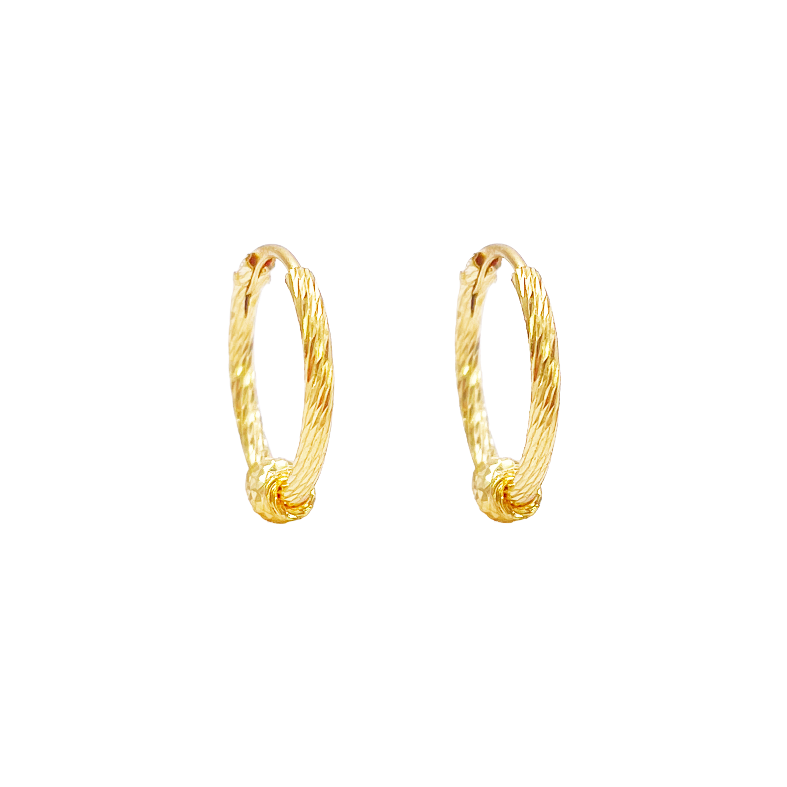 22ct Gold Diamond Cut Hoop Textured Beaded Huggie Earrings 11mm Diameter 
