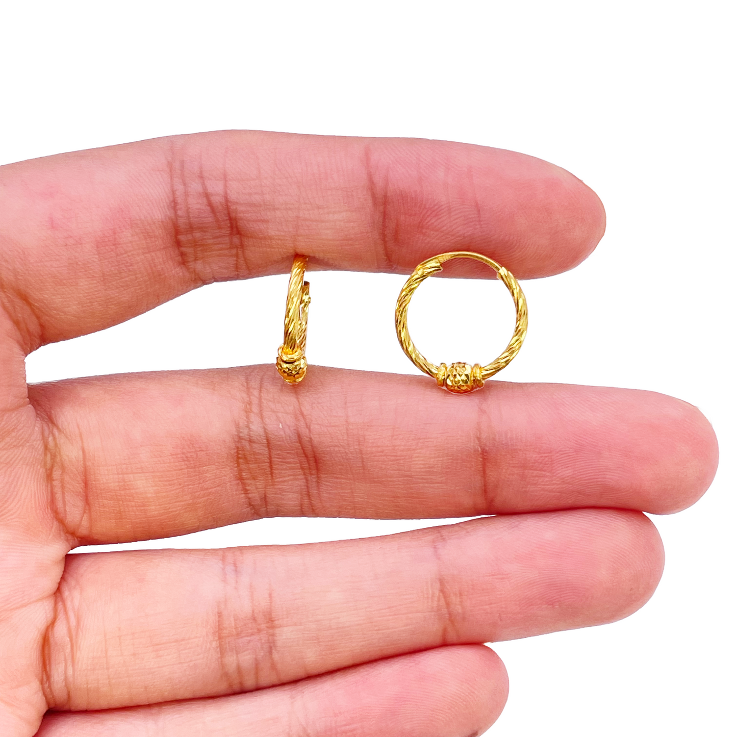 22ct Gold Diamond Cut Hoop Textured Beaded Huggie Earrings 11mm Diameter 