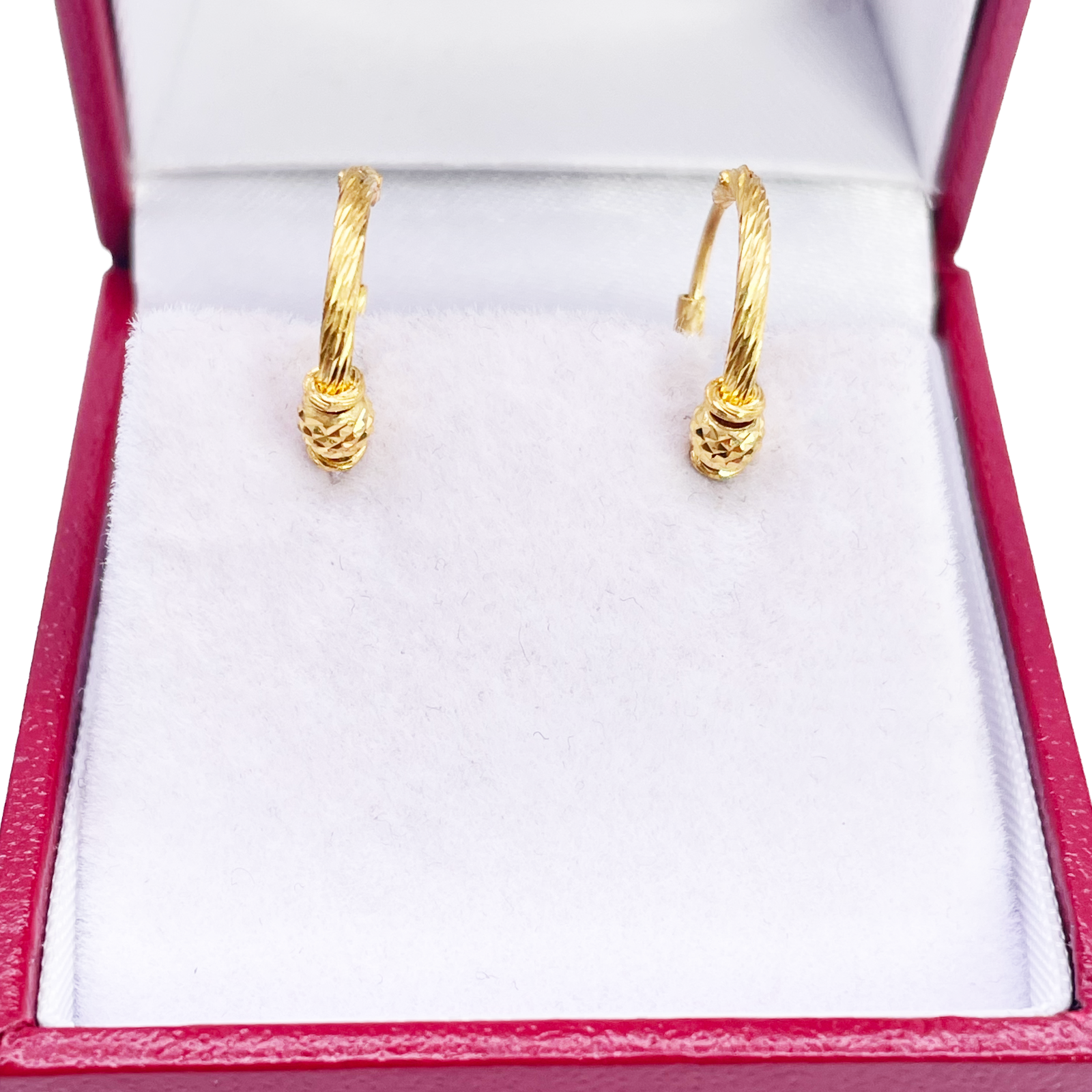 22ct Gold Diamond Cut Hoop Textured Beaded Huggie Earrings 11mm Diameter 