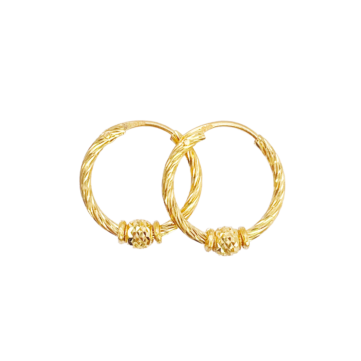 22ct Gold Diamond Cut Hoop Textured Beaded Huggie Earrings 11mm Diameter 