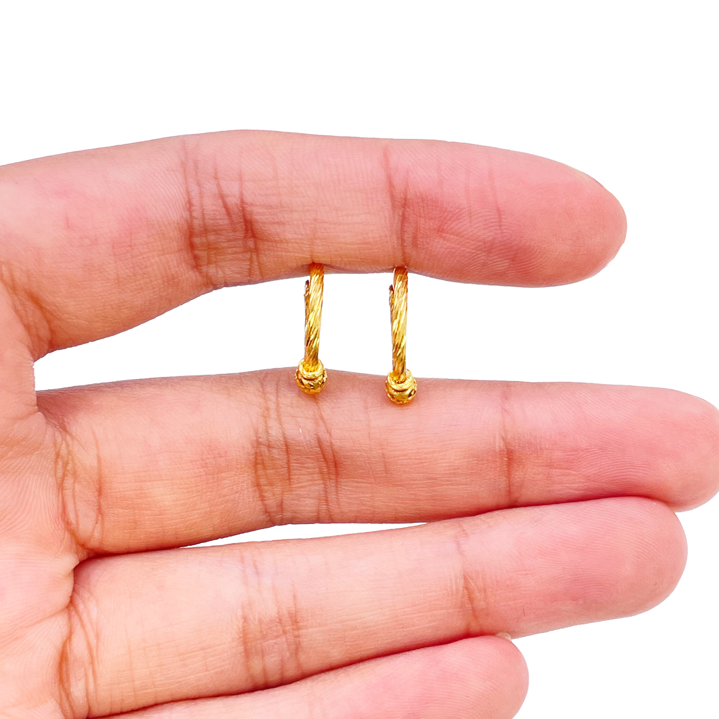 22ct Gold Diamond Cut Hoop Textured Beaded Huggie Earrings 11mm Diameter 