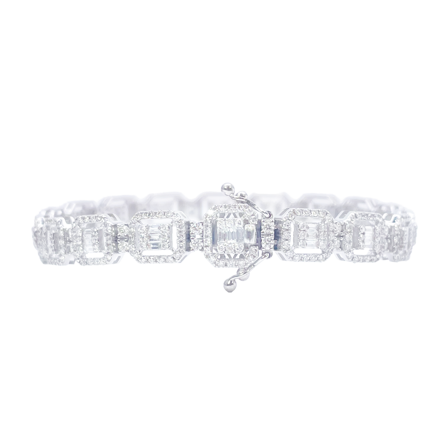 18ct Gold Natural Round & Baguette Diamond Halo Tennis Bracelet 3.25ct  Diamond Bracelets