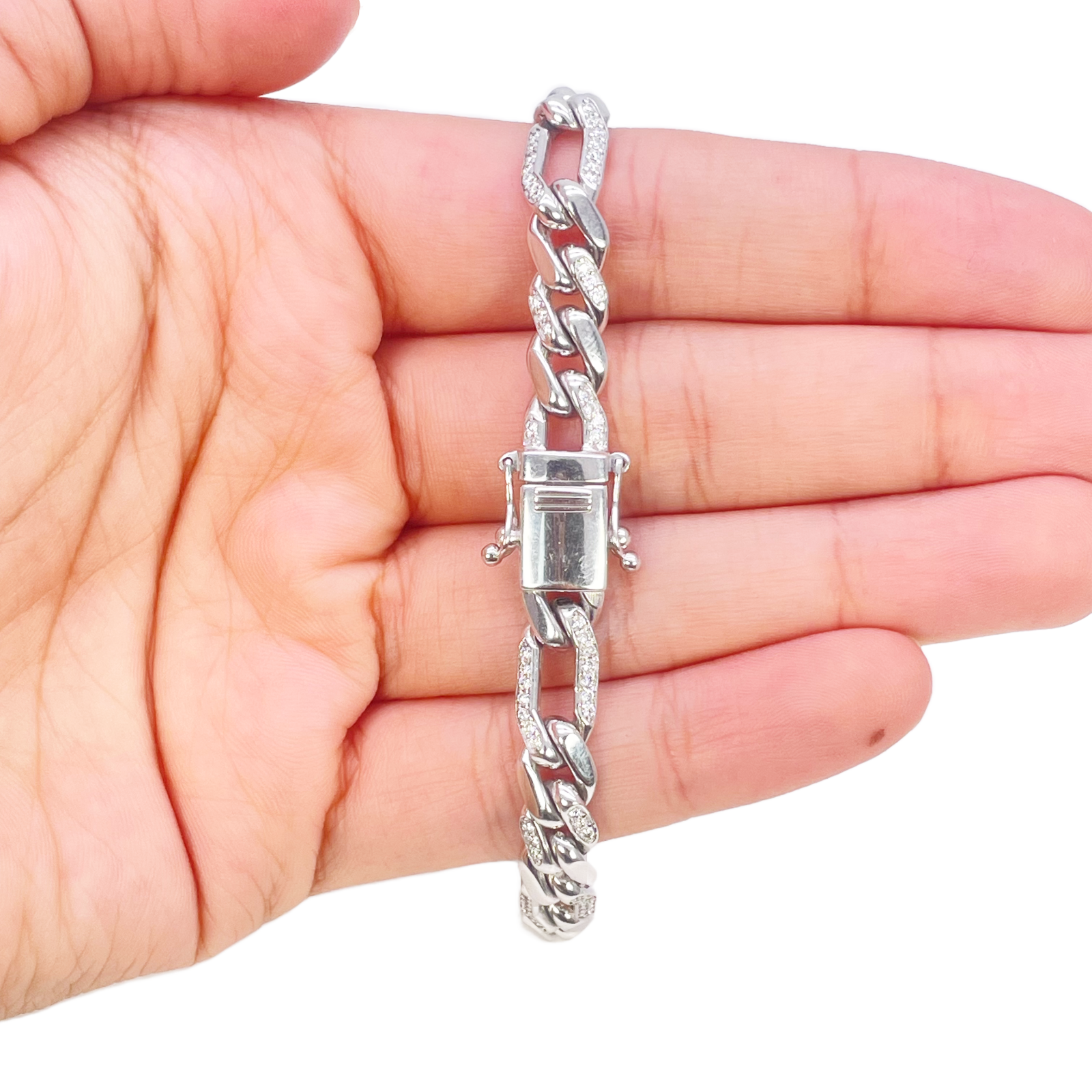 14ct Gold Natural Round Diamond Figaro Mens Bracelet 1.60ct 8 Inches  Diamond Bracelets