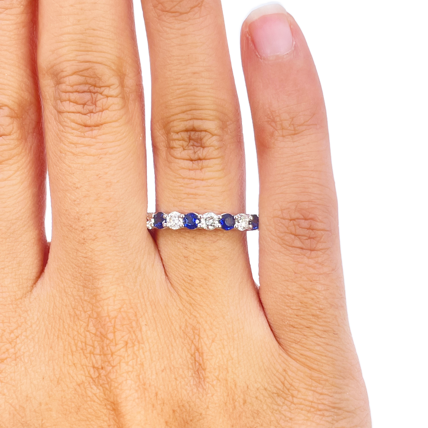 18ct Gold Natural Round Diamond & Sapphire Half Eternity Stackable Band 1.20ct  Diamond Ring