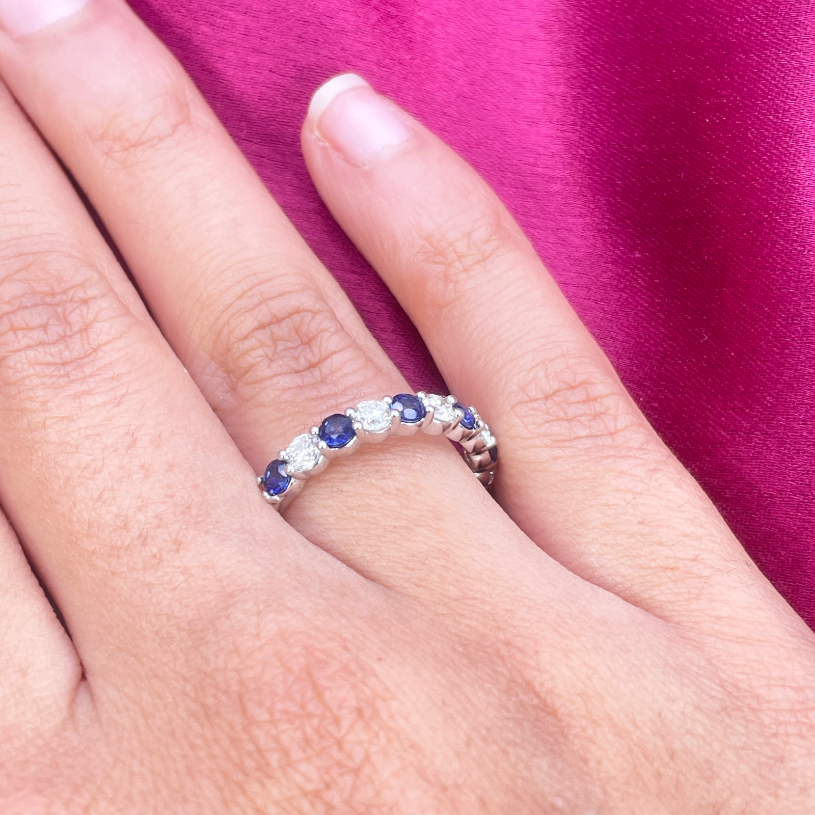 18ct Gold Natural Round Diamond & Sapphire Half Eternity Stackable Band 1.20ct  Diamond Ring