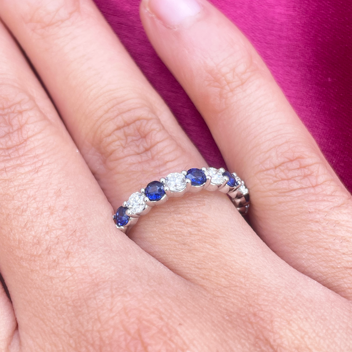 18ct Gold Natural Round Diamond & Sapphire Half Eternity Stackable Band 1.20ct  Diamond Ring