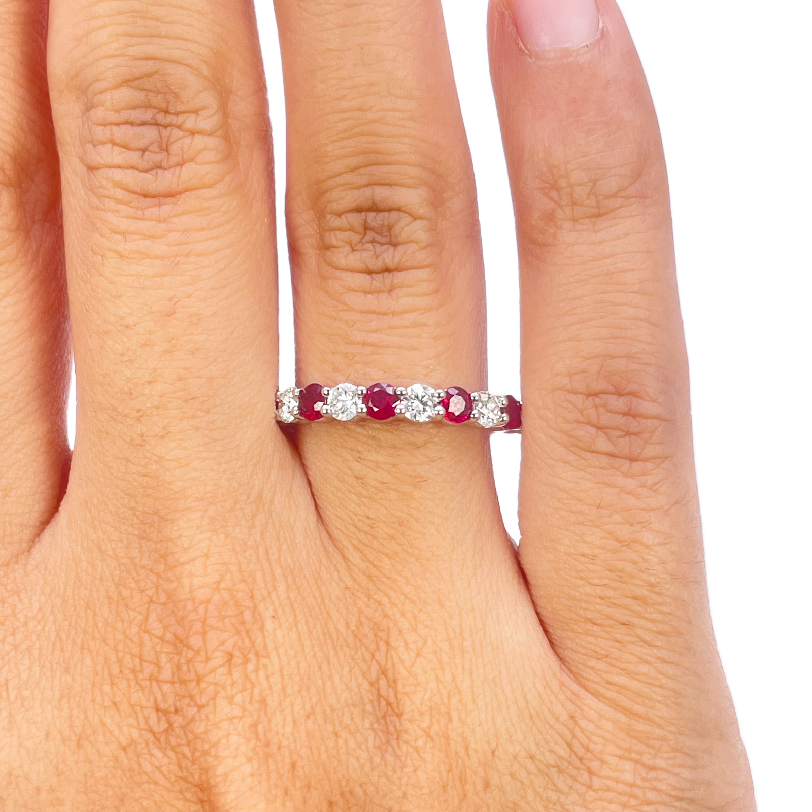 18ct Gold Natural Round Diamond & Ruby Half Eternity Stackable Band 1.05ct  Diamond Ring