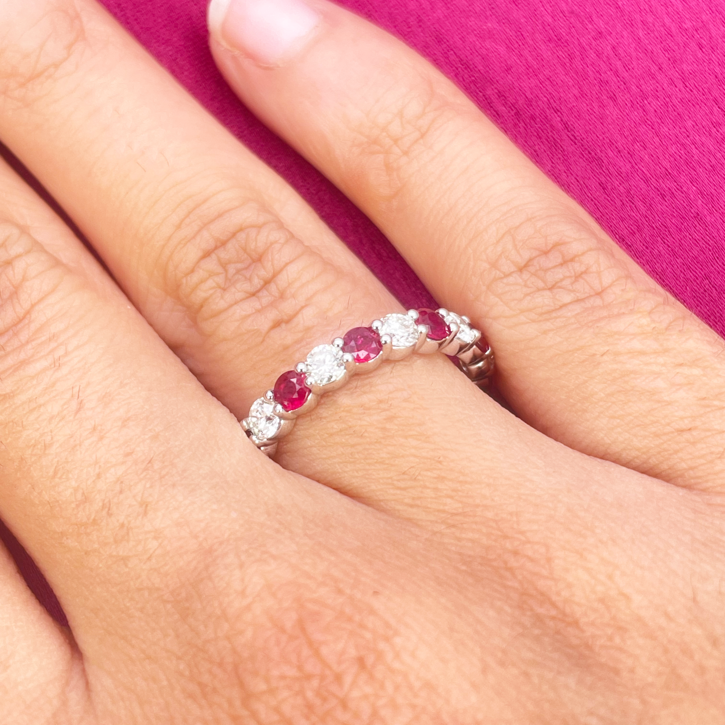 18ct Gold Natural Round Diamond & Ruby Half Eternity Stackable Band 1.05ct  Diamond Ring