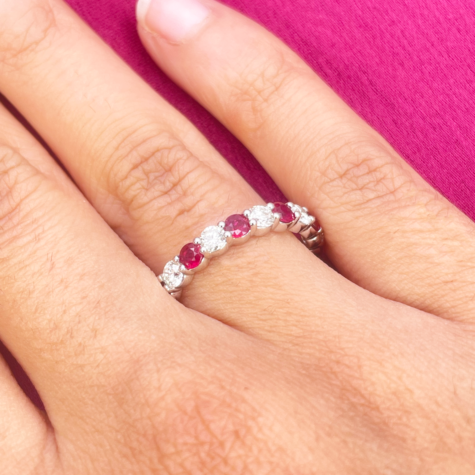 18ct Gold Natural Round Diamond & Ruby Half Eternity Stackable Band 1.05ct  Diamond Ring