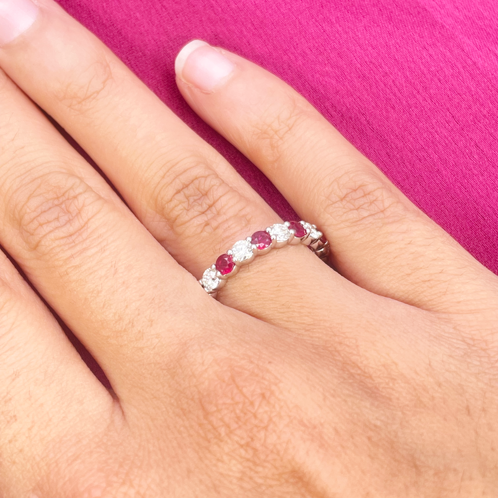 18ct Gold Natural Round Diamond & Ruby Half Eternity Stackable Band 1.05ct  Diamond Ring