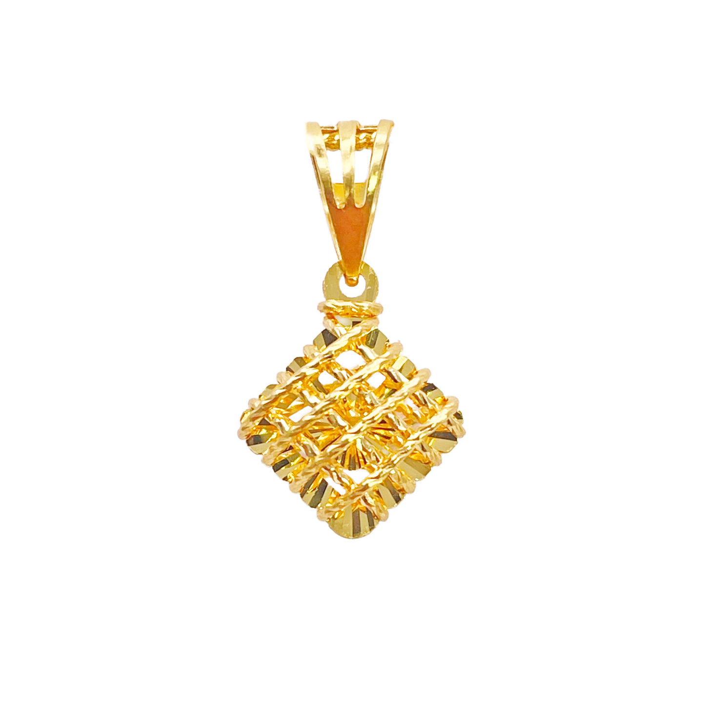 22ct Gold Rhombus Shaped Pendant Diamond Cut Mesh High Polished 20mm Length 