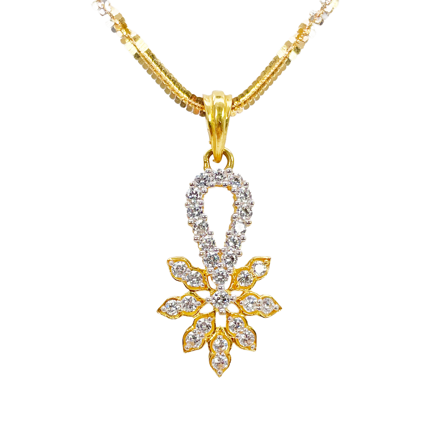 22ct Gold Floral Cubic Zirconia Necklace & Earring Set With Fancy Two-Tone Chain 