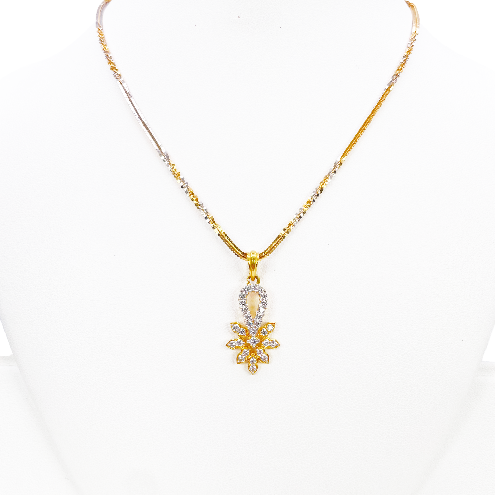 22ct Gold Floral Cubic Zirconia Necklace & Earring Set With Fancy Two-Tone Chain 