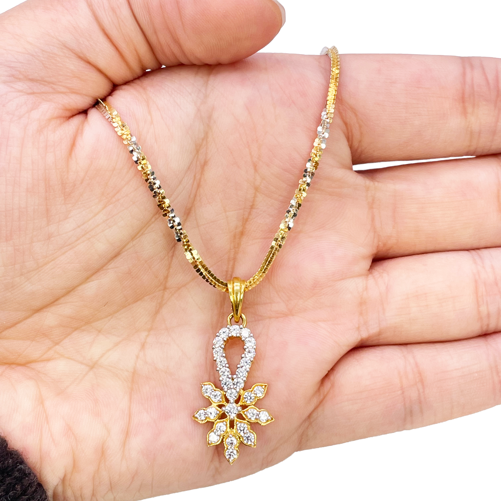 22ct Gold Floral Cubic Zirconia Necklace & Earring Set With Fancy Two-Tone Chain 