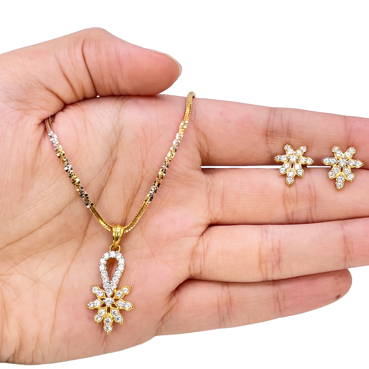 22ct Gold Floral Cubic Zirconia Necklace & Earring Set With Fancy Two-Tone Chain 