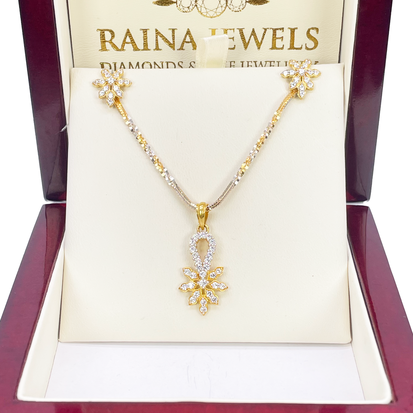 22ct Gold Floral Cubic Zirconia Necklace & Earring Set With Fancy Two-Tone Chain 