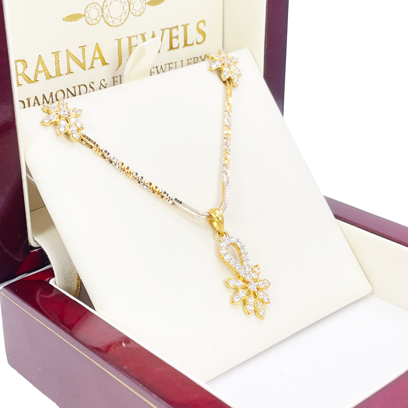 22ct Gold Floral Cubic Zirconia Necklace & Earring Set With Fancy Two-Tone Chain 