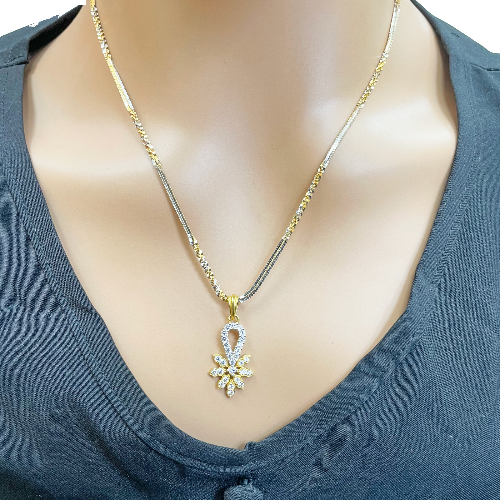 22ct Gold Floral Cubic Zirconia Necklace & Earring Set With Fancy Two-Tone Chain 