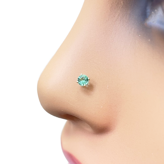 18ct Gold Natural Round Emerald 4-Claw Nose Stud Pin 0.10ct 2.9mm Width 