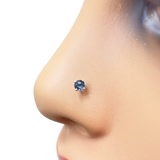 18ct Gold Natural Round Sapphire 4-Claw Nose Stud Pin 0.10ct 2.8mm Width 