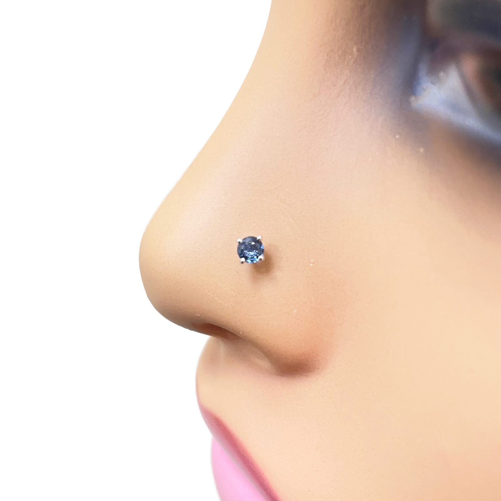 18ct Gold Natural Round Sapphire 4-Claw Nose Stud Pin 0.10ct 2.8mm Width 