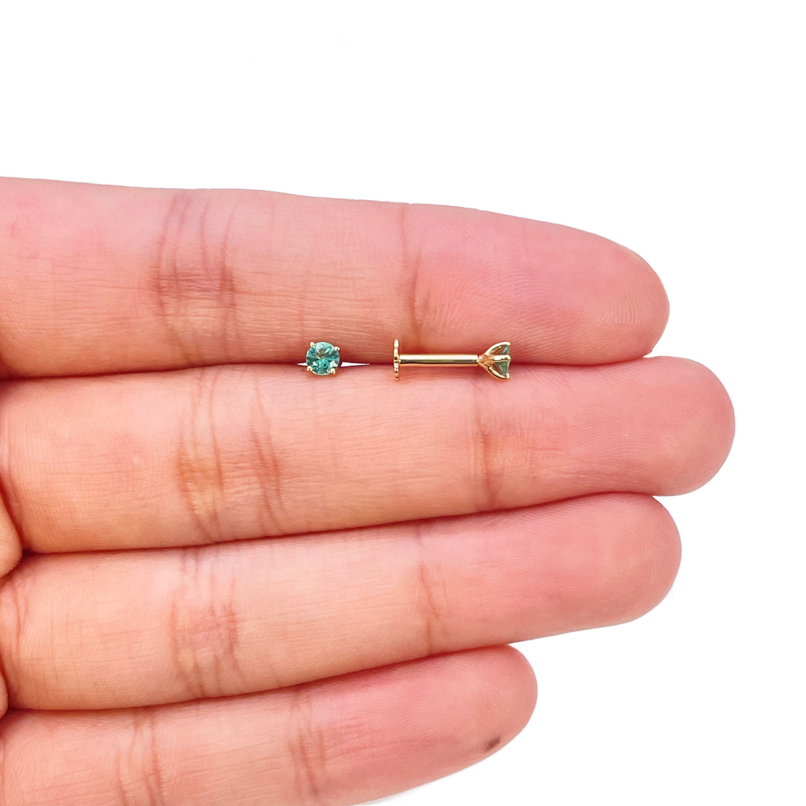 18ct Gold Natural Round Emerald 4-Claw Children's Earrings 0.20ct 2.9mm Width 