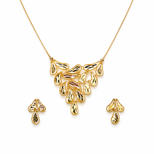22ct Yellow Gold Diamond-Cut Milgrain Cascading Leaf Necklace & Earring Set