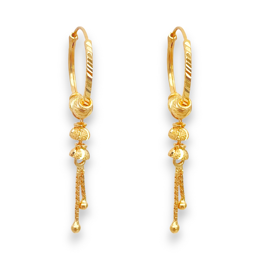 22ct Yellow Gold Diamond-Cut Beaded Drop Huggie Hoop Earrings 14mm