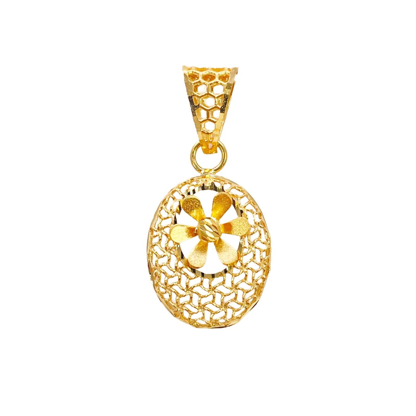 22ct Yellow Gold Honeycomb Mesh Oval Floral Daisy Centre Pendant High Polish