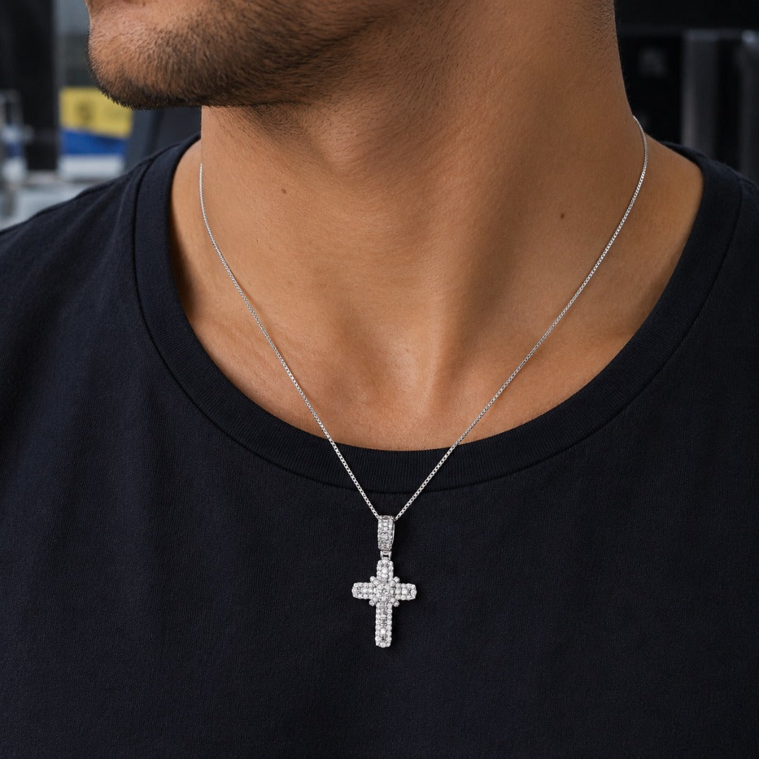 14ct White Gold Natural Diamond Baguette Round Cluster Cross Pendant 0.63ct