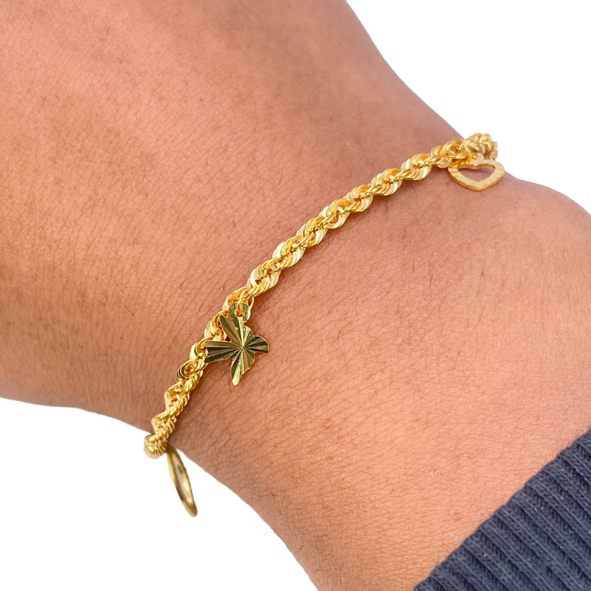 22ct Yellow Gold Lightweight Rope Chain Bracelet with Diamond Cut Open Charms