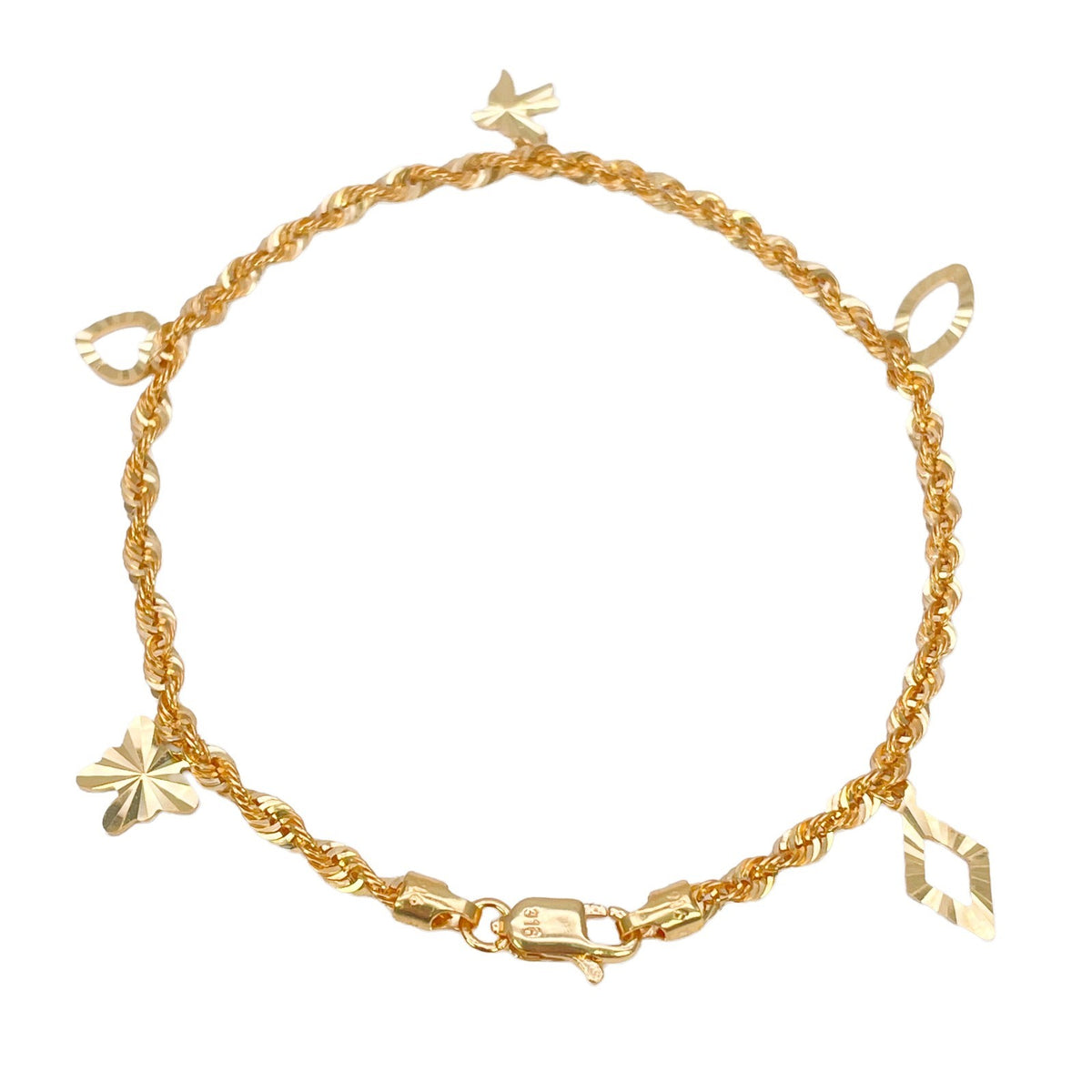 22ct Yellow Gold Lightweight Rope Chain Bracelet with Diamond Cut Open Charms