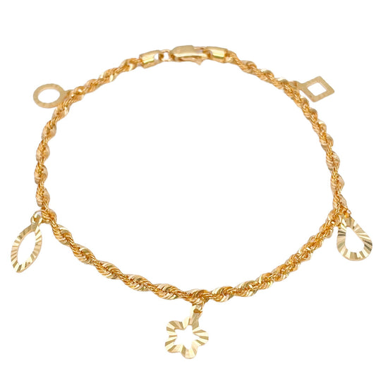 22ct Yellow Gold Rope Chain Bracelet Diamond Cut Shape Charms