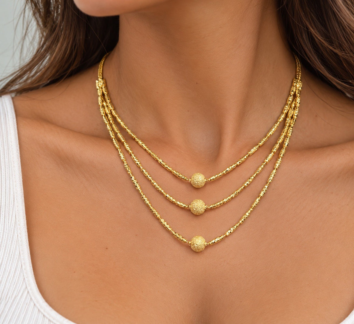 22ct Yellow Gold Triple Row Layered Necklace Diamond Cut Textured Bead Design