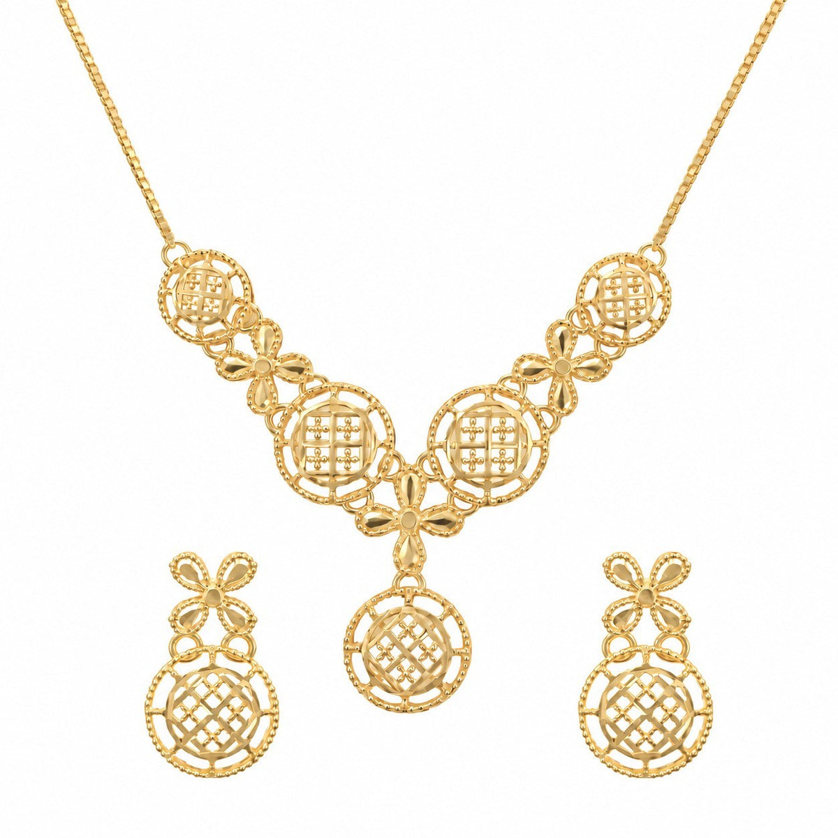 22ct Yellow Gold Medallion Necklace & Earring Set Lattice Flower