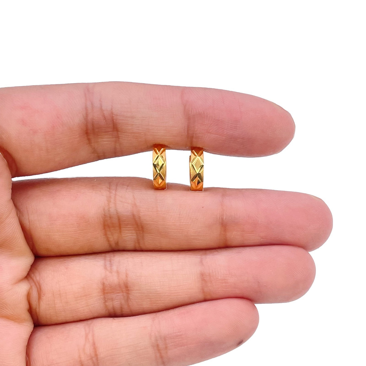 22ct Yellow Gold Patterned Huggie Hoop Earrings 8mm Kids & Adults