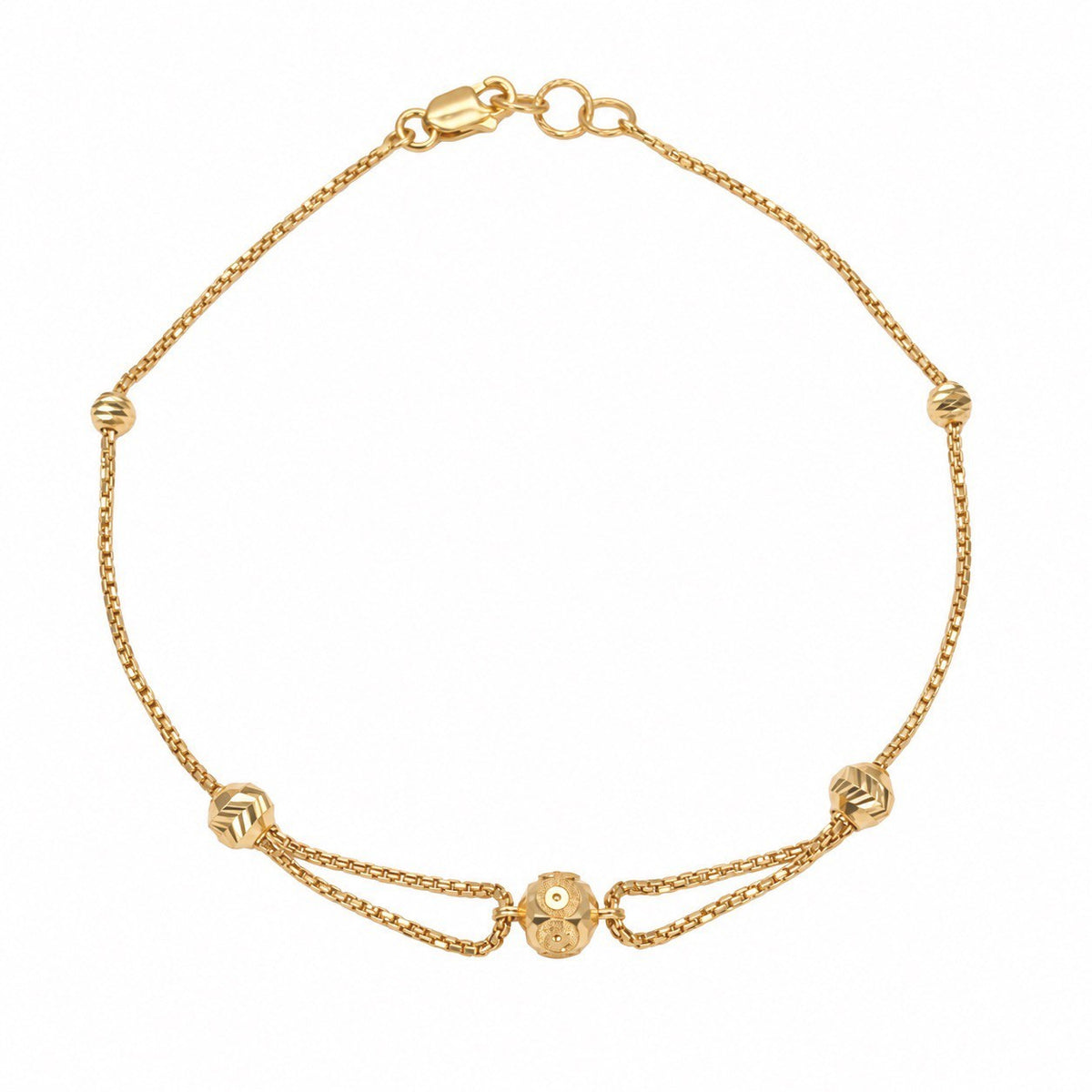 22ct yellow gold station bracelet with diamond cut bead on box chain, 7.5 inch