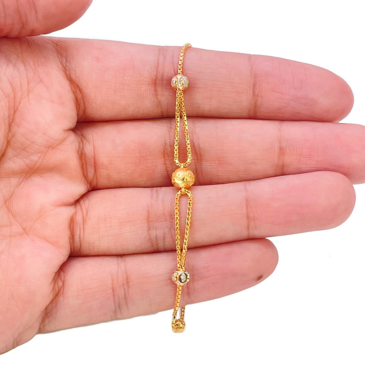22ct Yellow Gold Two Tone Station Bracelet Diamond Cut Beads Box Chain 7.5 Inch