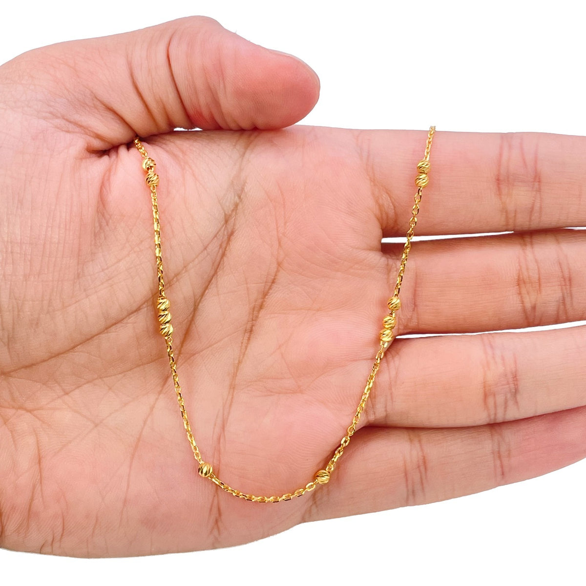 22ct Yellow Gold Fine Cable Chain Necklace Diamond Cut Beads Dainty 16 Inches