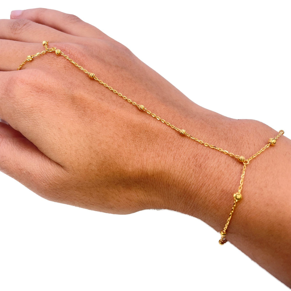 22ct Yellow Gold Hand Harness Bracelet Ring Chain Diamond Cut Bead Station