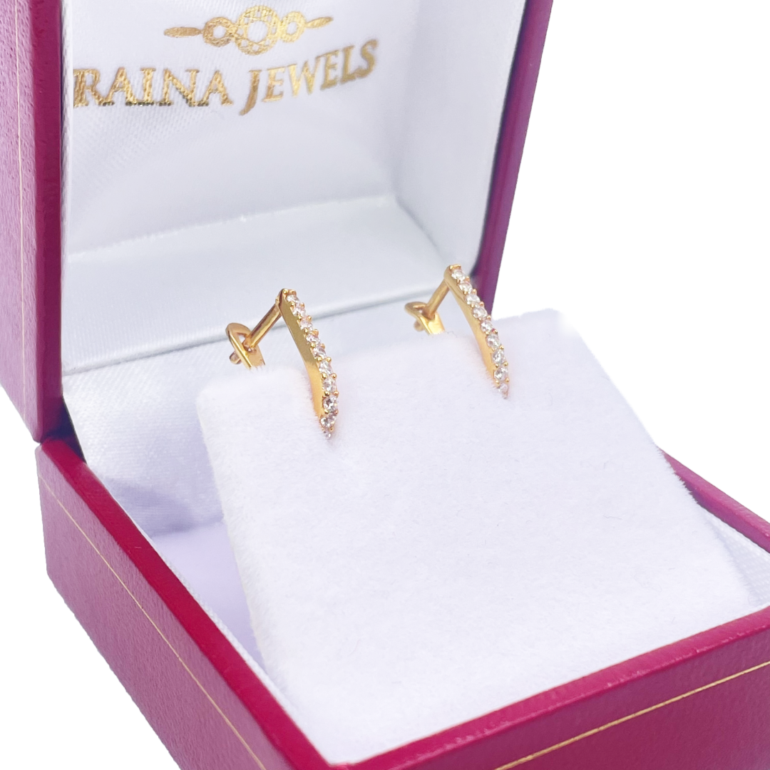 22K Yellow Gold Single Row Of Round Cubic Zirconia Hoop Earrings