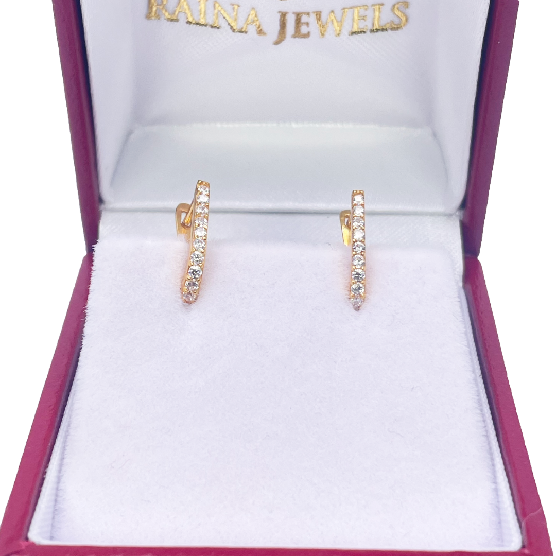 22K Yellow Gold Single Row Of Round Cubic Zirconia Hoop Earrings