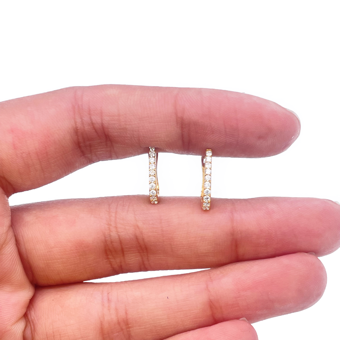 22K Yellow Gold Single Row Of Round Cubic Zirconia Hoop Earrings