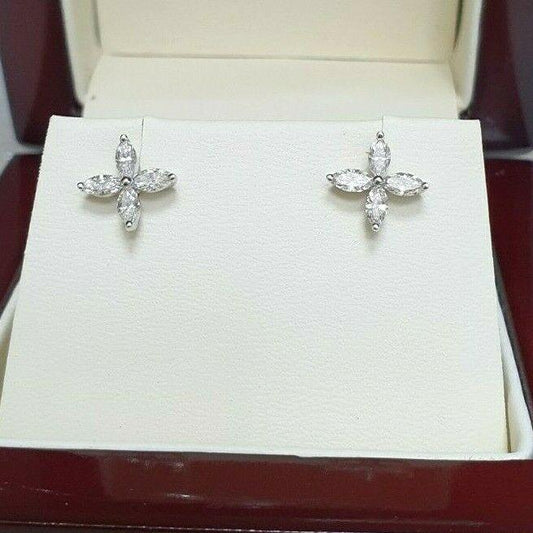 18Carat White Gold Marquise 4 Clove Cluster Diamond Earrings 0.75 Carats FG-SI