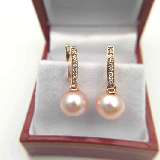 18Carat Rose Gold Natural Freshwater Pearls & Diamonds Drop Earrings 0.15ct